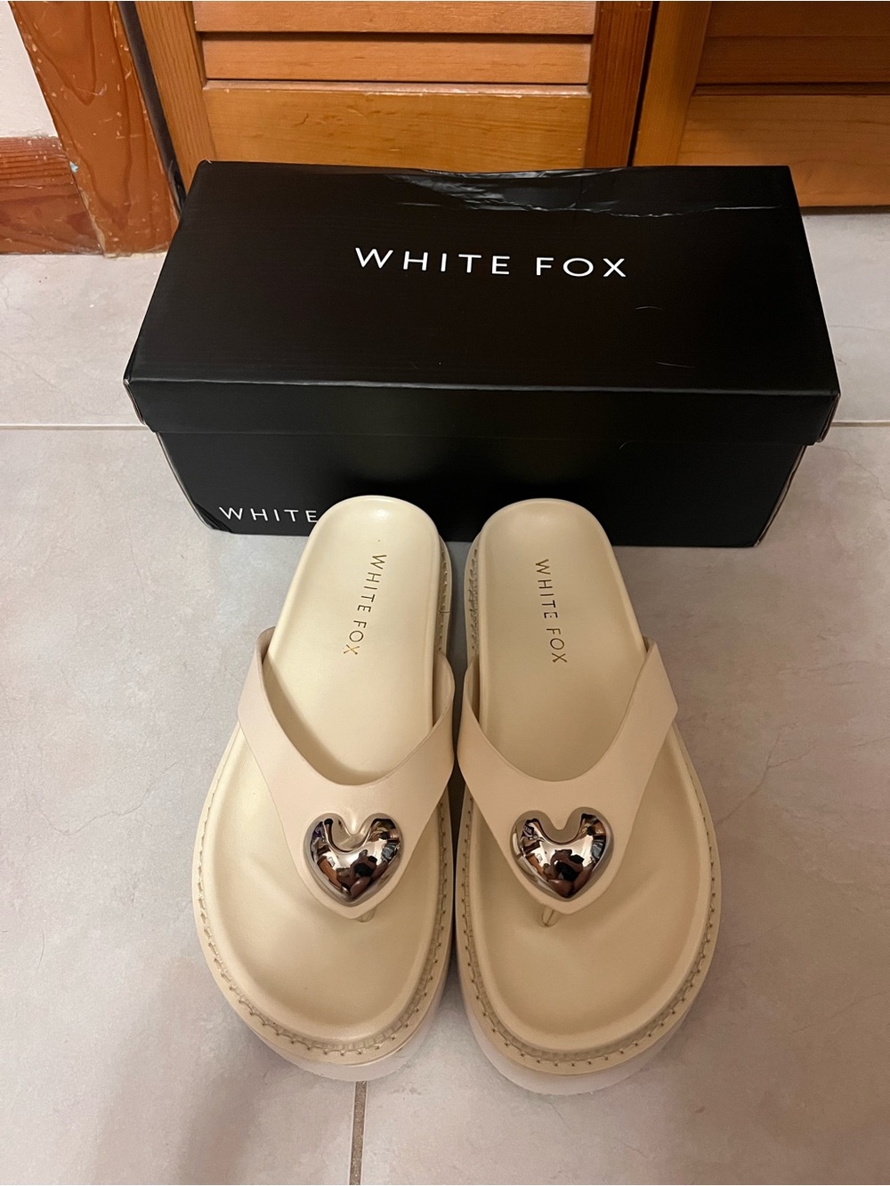 White Fox Boutique Cream Platform Heart-Accent Thong Sandals
